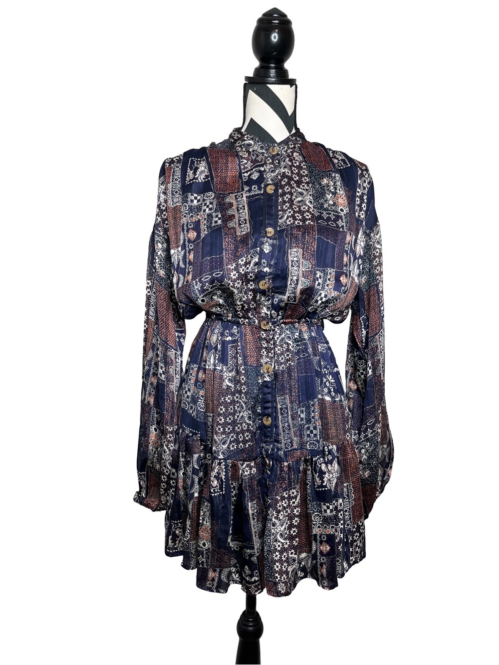 Reset by Jane Boho Patchwork Sheer Puff Sleeve Tiered Ruffle Mini Dress Sz M